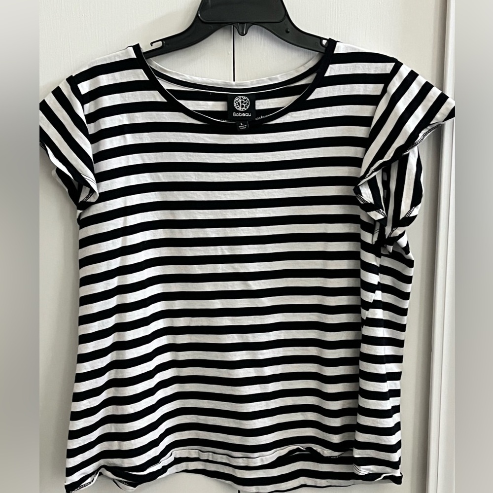 Bobeau Flutter Sleeve Striped Black & White Tee Soft T-Shirt Large - Picture 4 of 8